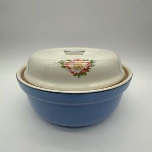 Vintage Hall Superior Quality Kitchenware Blue Casserole Dish Pink Rose Lid USA